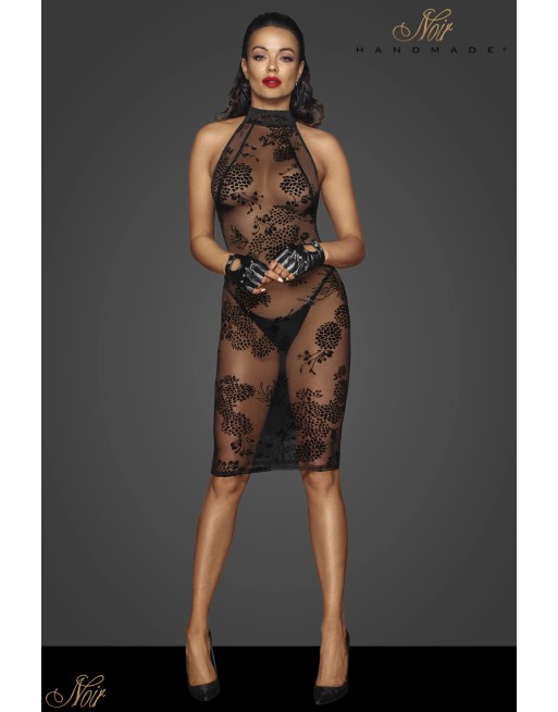 Robe micro résille floquée velours dos nu liens F240-M Robe micro résille floquée velours dos nu liens F240-M