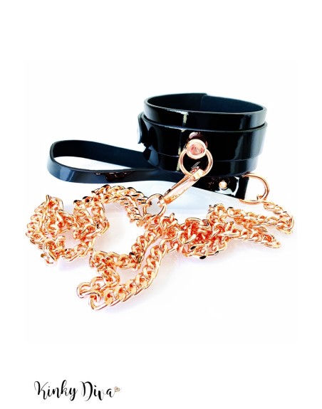 Collier vernis noir & Laisse or anneau centré