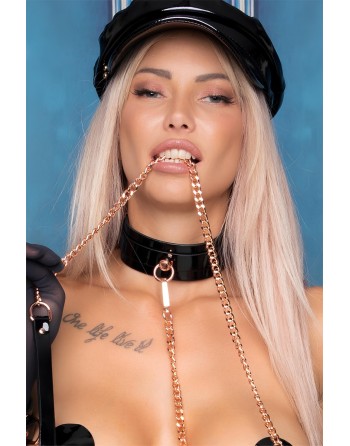 Collier vernis noir & Laisse or anneau centré