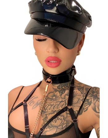 Collier vernis noir & Laisse or anneau centré